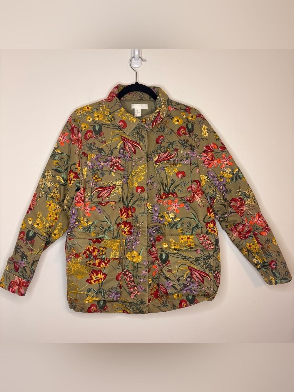 H&M Green Floral Print Cargo Military Style Jacket Size 12